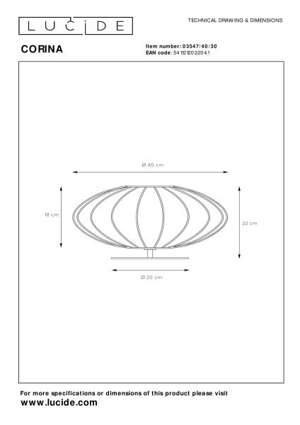 Lucide CORINA - Table lamp - Ø 40 cm - 1xE27 - Black - technical